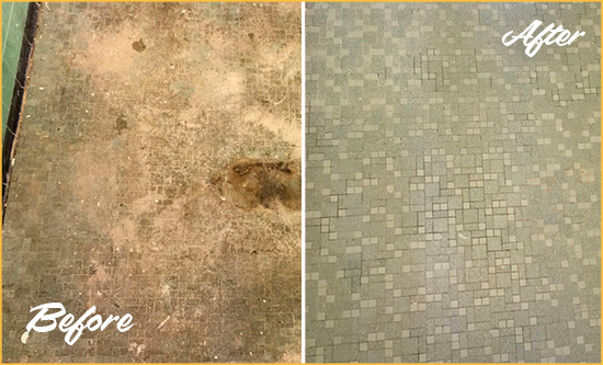 Before and After Picture of a South Salem Mosaic Shower Cleaned to Eliminate Embedded Dirt