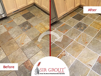 Before and After Picture of a Kitchen Slate Floor Grout Cleaning Service in New Rochelle, New York