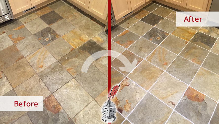 Before and After Picture of a Kitchen Slate Floor Grout Cleaning Service in New Rochelle, New York