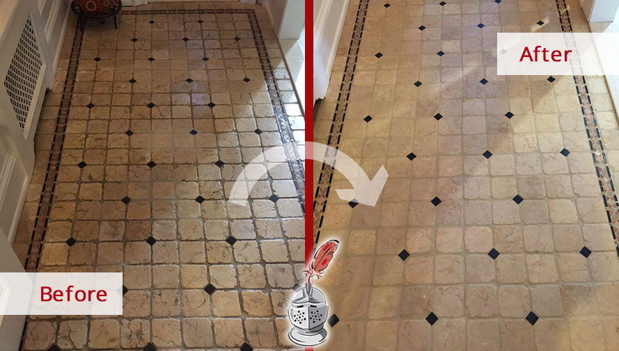 Before and After Picture of a Tumbled Marble Floor Stone Cleaning Service in Scarsdale, New York