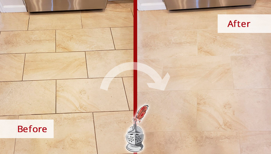 Before and After Picture of a Porcelain Tile Kitchen Floor Grout Sealing Service in Rye, New York