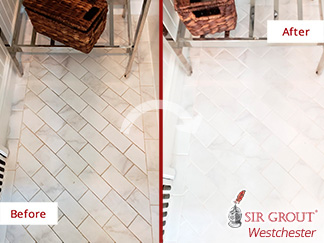 Before and After Picture of a Porcelain Tile Floor Grout Cleaning and Sealing Service in Mamaroneck, NY