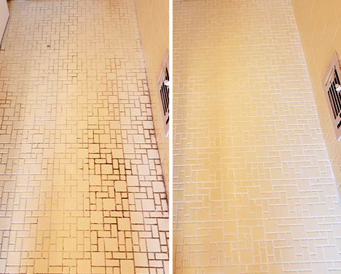 Before and After Picture of a Ceramic Tile Bathroom Floor Grout Cleaning Service in Rye, NY