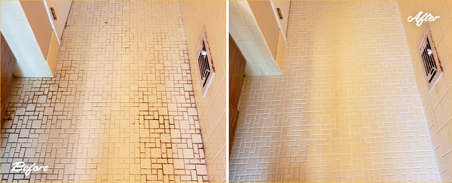 Before and After Picture of a Ceramic Tile Bathroonm Floor Grout Cleaning Service in Rye, NY