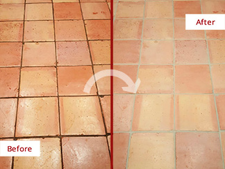 Before and After Picture of a Terracotta Floor Tile Cleaning Service in Chappaqua, NY