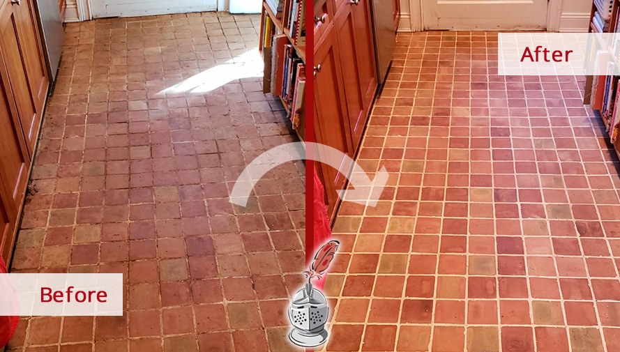Before and After Picture of a Kitchen Terracotta Floor Tile Cleaning Service in Irvington, New York
