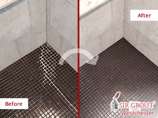 Before and After Picture of a Shower Floor Caulking in Bedford, NY