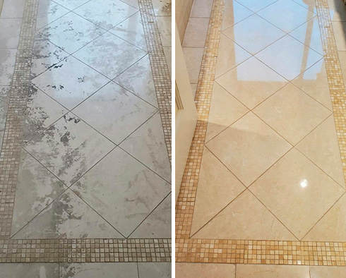 Picture of a Marble Floor Before and After a Stone Cleaning in White Plains