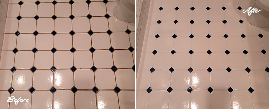 Bathroom Floor Before and After a Grout Sealing in Bronxville, NY