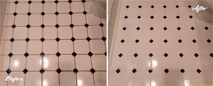 Bathroom Floor Before and After a Grout Sealing in Bronxville, NY