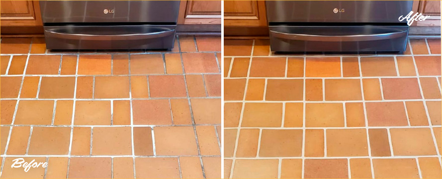 Kitchen Floor Before and After a Grout Cleaning in Bedford, NY