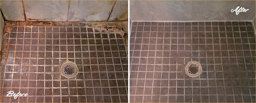 A Porcelain Shower Before and After a Service from Our Grout and Tile Cleaners in Scarsdale