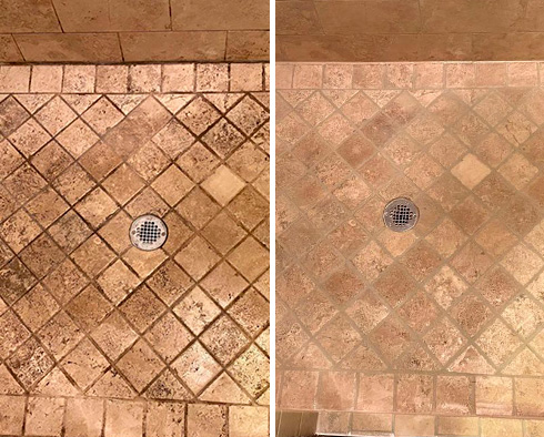 Tile Shower Before and After a Grout Recoloring in Bedford