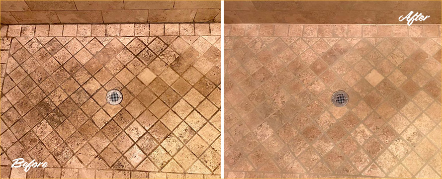 Tile Shower Before and After a Grout Recoloring in Bedford