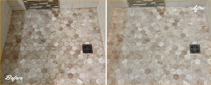 Tile Shower Floor Before and After Our Caulking Services in Pleasantville