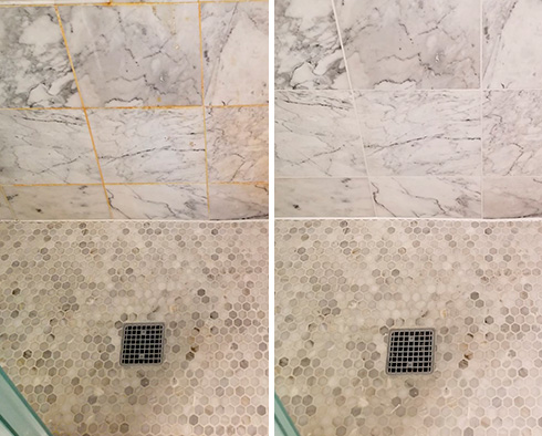 Tile Shower Before and After a Grout Recoloring in Chappaqua