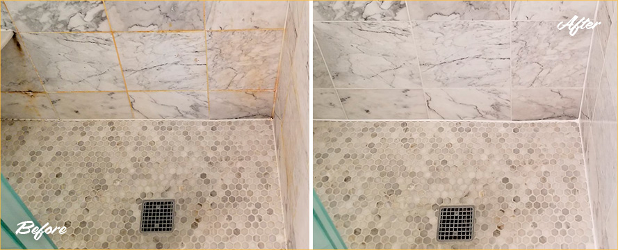Tile Shower Before and After a Grout Recoloring in Chappaqua