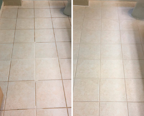 Bathroom Floor Before and After a Grout Cleaning in Scarsdale