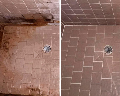 Ceramic Tile Shower Before and After a Tile Cleaning in Pleasantville
