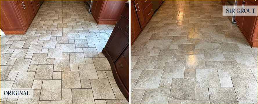 Kitchen Floor Before and After a Grout Cleaning in Briarcliff Manor, NY