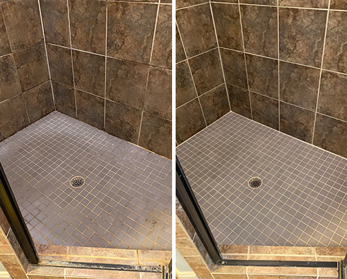 Shower Floor Before and After Our Bronxville Tile and Grout Cleaners Work
