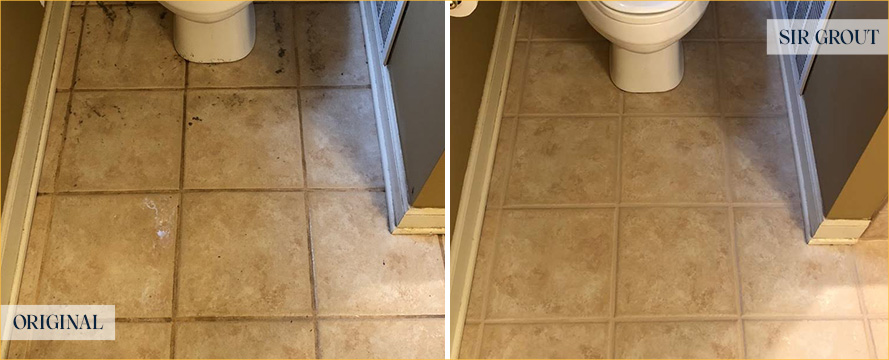 Bathroom Floor Before and After a Grout Sealing in White Plains