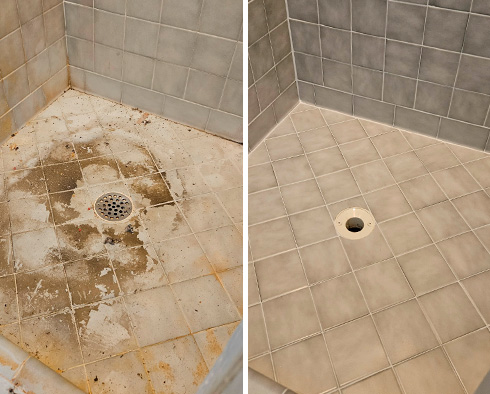 Shower Floor and Seams Before and After a Tile Cleaning in Rye