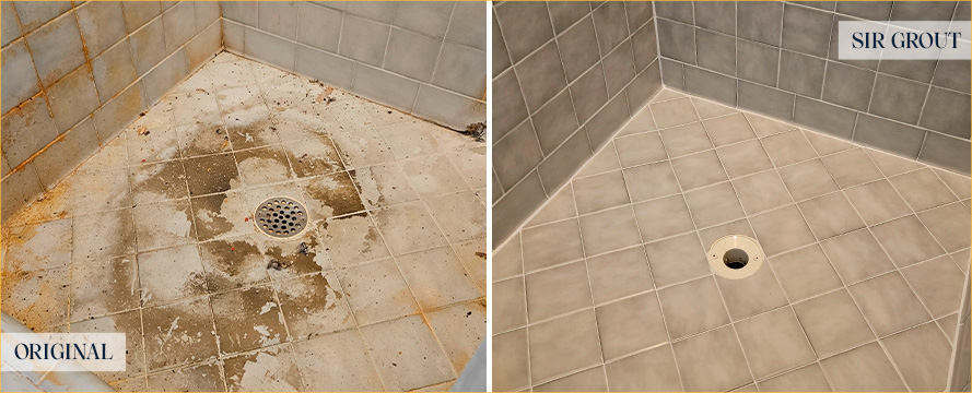 Shower Floor and Seams Before and After a Tile Cleaning in Rye