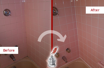 Picture of a Pink Tub and Shower with Moldy Caulking Before and After a Tub Recaulking