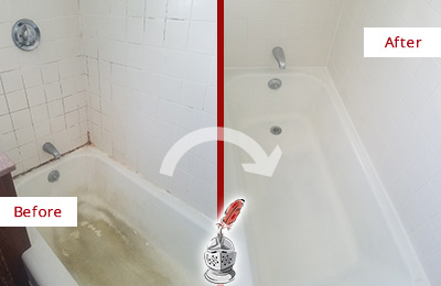Picture of a White Tub with Damaged Caulking Before and After a Tub Recaulking Service