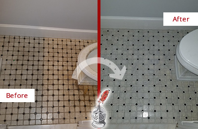 Sir Grout Restored this Bathroom Grout Lines with a Cleaning Service Before and After Picture of a Bathroom Grout Cleaning