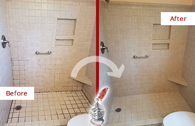 Sir Grout Sealed this Bathroom Grout to Avoid Water Leakages Before and After Picture of a Bathroom Grout Sealing on a Porcelain Tile Shower