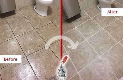 Sir Grout Cleaned this Office Bathroom Grout to Remove Embedded Dirt Before and After Picture of a Bathroom Grout Cleaning on an Office Restroom