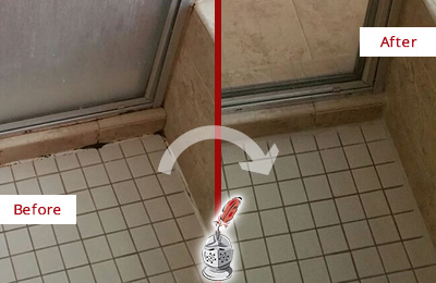 Sir Grout Restored this Shower Floor joints with a Bathroom Recaulking to Replace Damaged Caulk Picture of Damaged Shower Joints Before and After a Bathroom Recaulking
