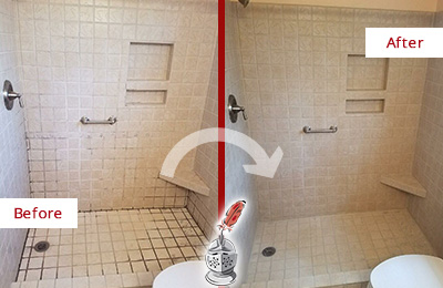 Before and After Picture of a Shower Grout Sealing on a Porcelain Tile Shower