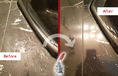 Sir Grout Cleans and Seals this Marble Tub to Remove Scratches Before and After Picture of a Heavily Scratched Marble Tub Cleaned and Sealed