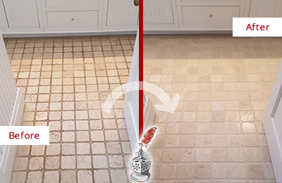 Sir Grout Cleans and Seals These Dirty Tumbled Marble Floor Before and After Picture of a Dirty Tumbled Marble Floor Cleaned and Sealed to a Mate Finish