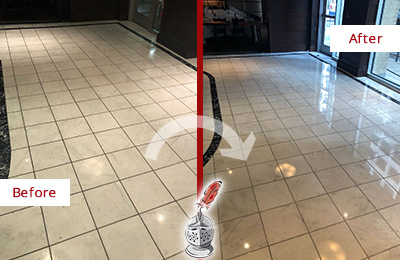 Sir Grout Westchester Stone Services Help Maintain, Clean, and Polish Building Lobbies and Commercial Offices Stone Surfaces Picture of a Building Marble Entrance Floor Before and After Stone Restoration, Cleaning and Polishing