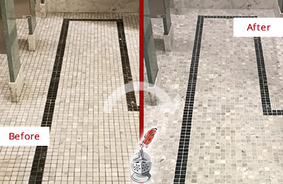 Sir Grout Westchester Stone Cleaning Services Can Help Repair the Look of this Grimy Hospital's Restroom Before and After Picture of a Hospital Travertine Bathroom Floor Stone Cleaning Service