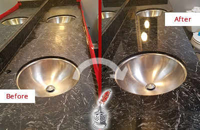 Sir Grout Westchester Stone Services Are Ideal for Enhancing Restrooms Marble Countertops and Keep Them Perfect All Year Round Picture of an Office Restroom's Marble Countertop Before and After Color Enhancement and Restoration