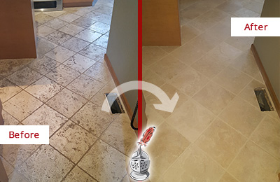 Before and After Picture of a Grout Cleaning on Kitchen Marble Floor