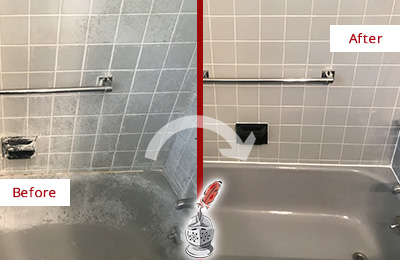 Sir Grout Cleans the Tile and Grout in This Shower to Remove Embedded Grime, Mold and Mildew Effectively Before and After Picture of a Tile Cleaning in a Grimmy Shower
