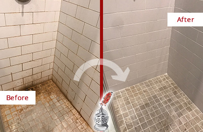 Before and After Picture of a Purchase Shower Tile and Grout Cleaned to Eliminate Mold and Stains