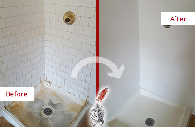 Sir Grout Cleans this Mahopac Shower Tile and Grout to Remove Soap Scum Before and After Picture of a Mahopac Shower Tile and Grout Cleaned to Remove Soap Scum
