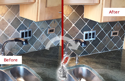 Sir Grout Caulks this Brewster Backsplash Caulked to Fix and Prevent Water Leaks Before and After Picture of a Brewster Backsplash Caulked to Fix and Prevent Water Leaks