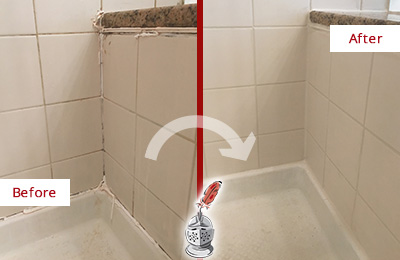 Sir Grout Caulks this Brewster Shower Caulked to Repair Damaged Caulking Before and After Picture of a Brewster Shower Caulked to Repair Damaged Caulking