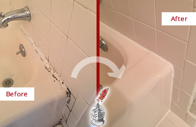 Before and After Picture of a Thornwood Bathroom Sink Caulked to Fix a DIY Proyect Gone Wrong