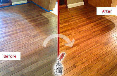 Sir Grout Refinished This Dull Elmsford Wood Floor with a Sandless Refinishing Service to Recover Its Sheen Before and After Picture of a Elmsford Wood Sandless Refinishing Service on a Dull Floor to Recover Its Sheen