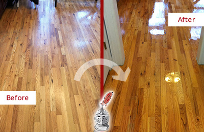 Sir Grout Refinished This Worn Out Elmsford Hallway Floor with a Sandless Refinishing Service Before and After Picture of a Elmsford Wood Sandless Refinishing Service on a Worn Out Hallway