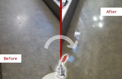 Before and After Picture of a Dull Purdys Limestone Countertop Polished to Recover Its Color
